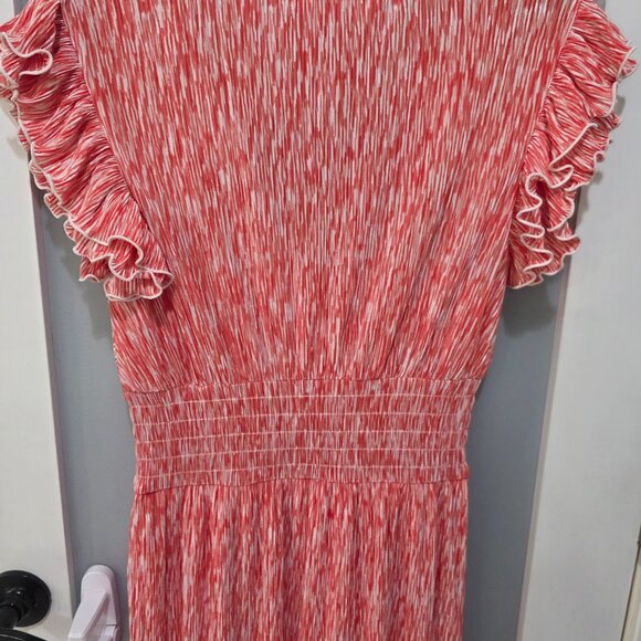 Chelsea 28 Red White Smocked Midi Dress Size M Ruffle Sleeve Boho Summer Casual - Picture 7 of 9